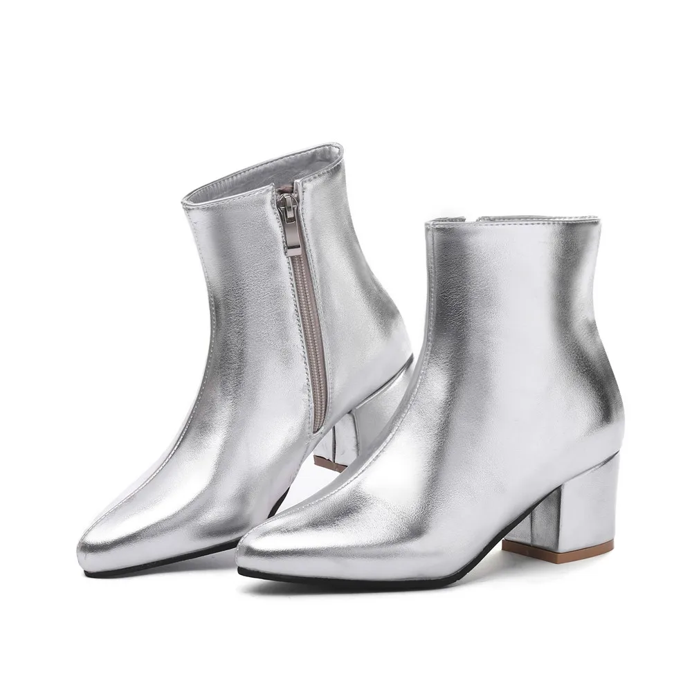 MILI-MIYA Fashion Women Shining Golden Ankle Boots Winter Zipper Pointed Toe Thick Heel Silver Party Plus Size High Heels Shoes | Обувь