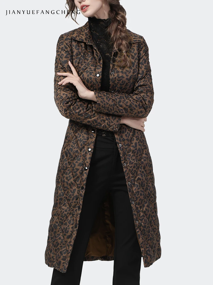 

Winter Women Brown Leopard Down Jacket Long Slim Knee-Length Warm White Duck Down Puffer Coat Fashion Turn-down Collar Parkas