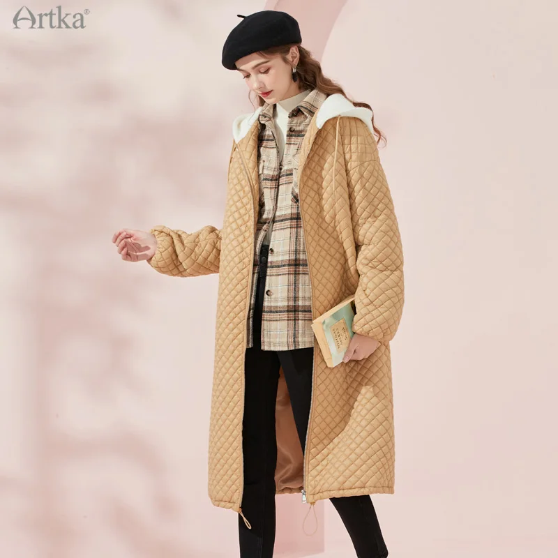 

Женская теплая парка с капюшоном ARTKA, синяя Повседневная Свободная парка средней длины с капюшоном, с длинным рукавом, модель MA20017D на зиму 2021