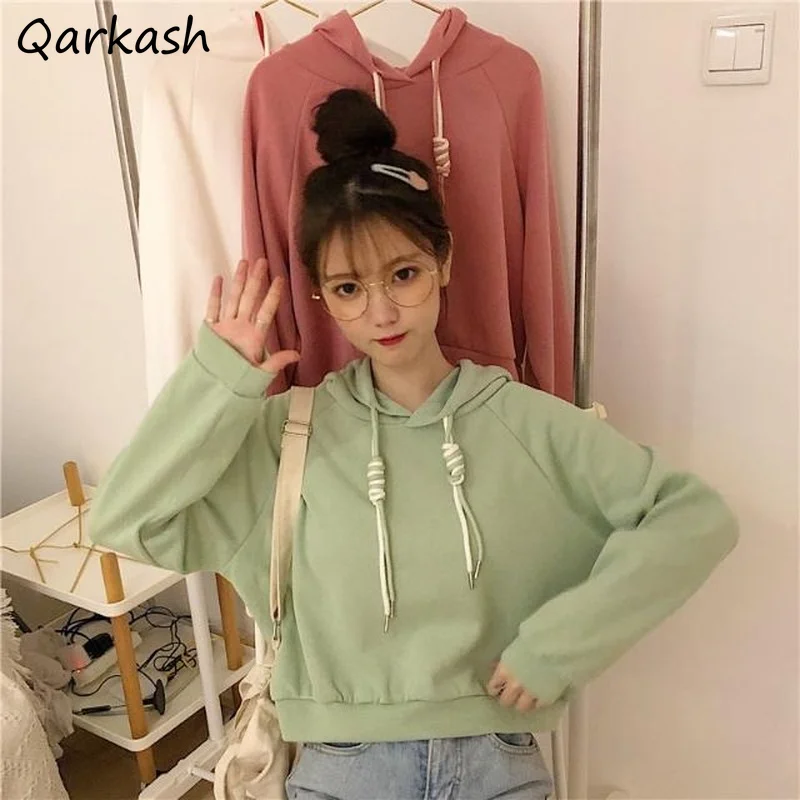 

Hoodies Women Hooded Cropped Kawaii Tender Fashion All-match Simple Candy Colors Clothes Mujer Korean Style Spring Thicker Cozy