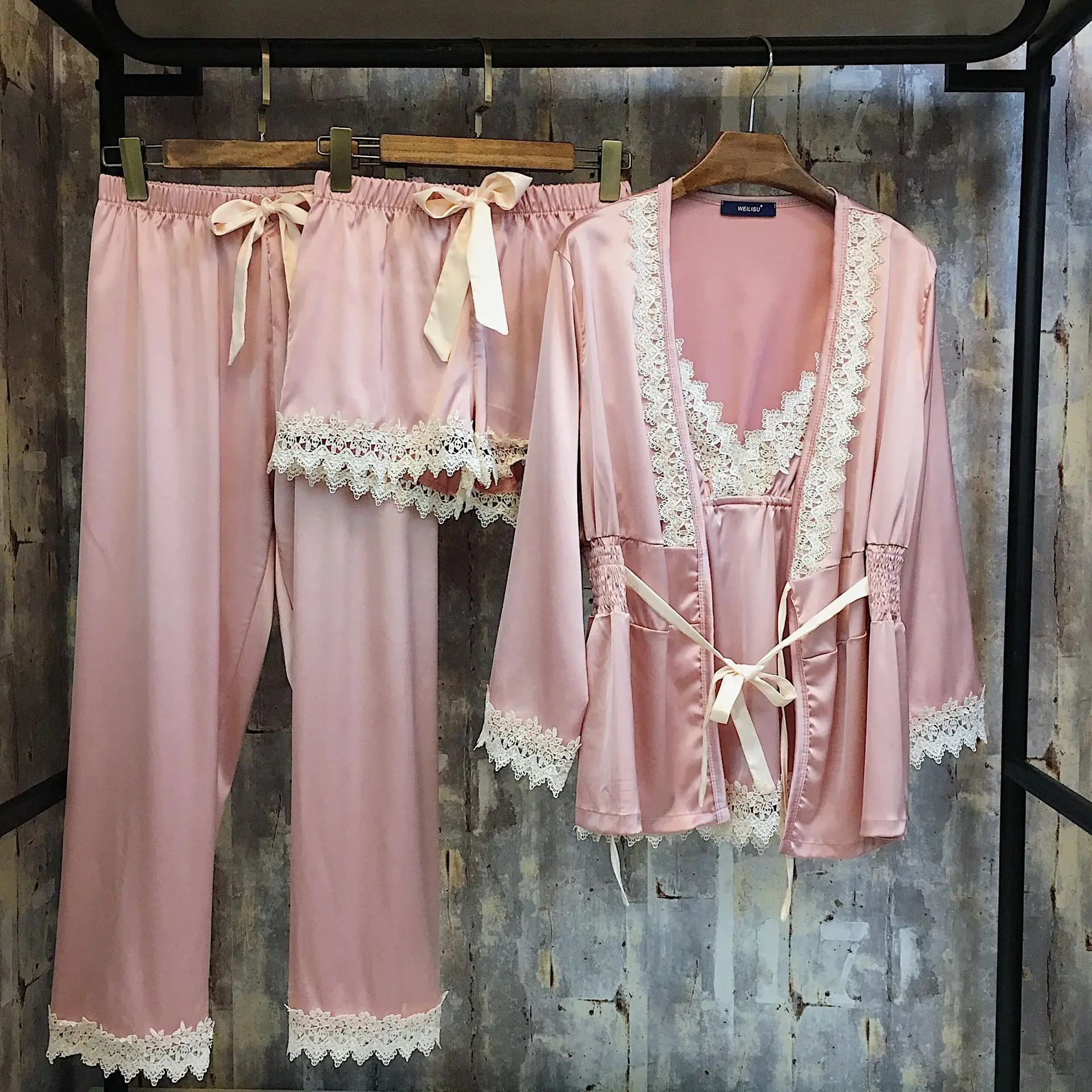 

Fdfklak Spring Summer New 4PCS Silk Pyjamas Set Women Night Wear Sleepwear Sexy Lace Pajamas Sleepwear Long Sleeve Home Suit