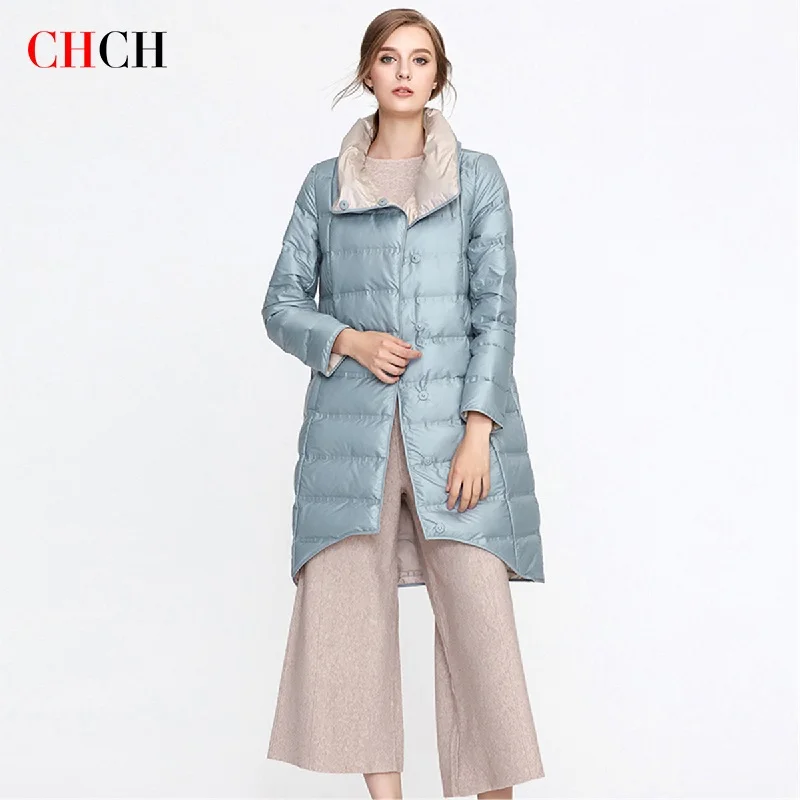 CHCH Down Jacket Women Long Technology Three-Proof 2023 Winter New Loose Basic Solid Hooded Thick Coat