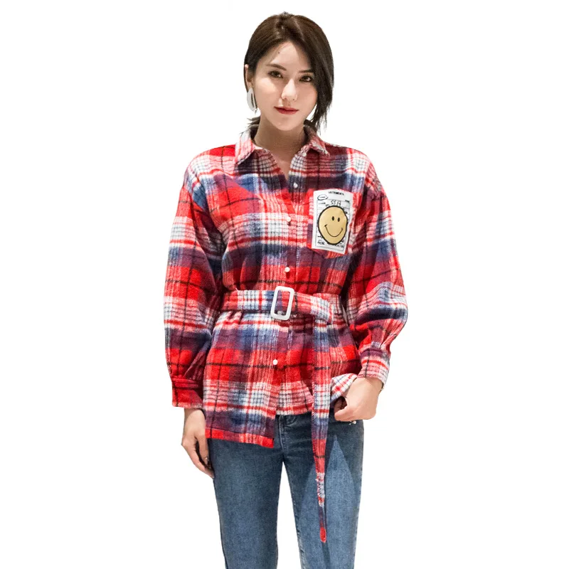 

Spring 2021 New Fashion Loose Plaid Shirt Jacket Women's Labeled Turn-down Collar Long Sleeve Oversized Tops and Bloues Belt