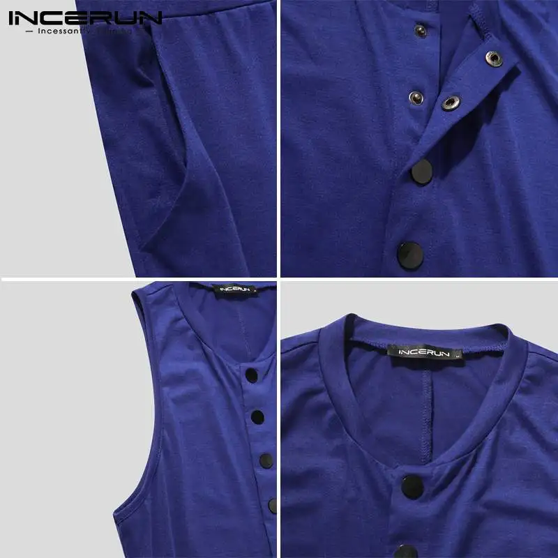

Men Pajamas Rompers V Neck Sleeveless Homewear Solid Color Button Playsuits Cozy Leisure Men Nightwear Jumpsuits INCERUN S-5XL