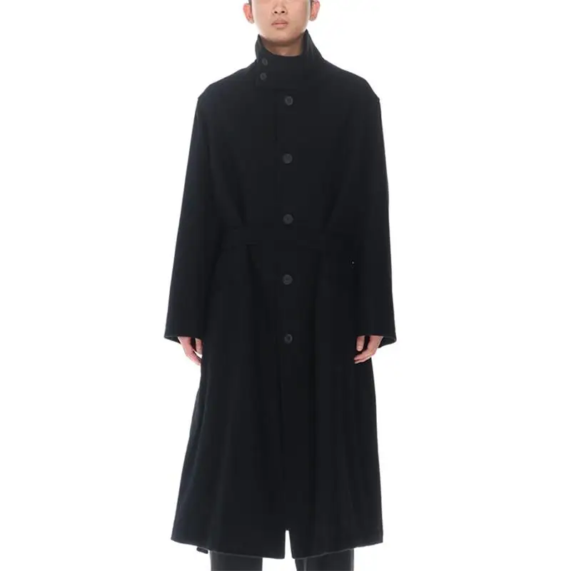 

Men's Wool Medium And Long Coat Autumn And Winter Fashion Fashion New Loose Stand Collar Chinese Style Belt Long Coat