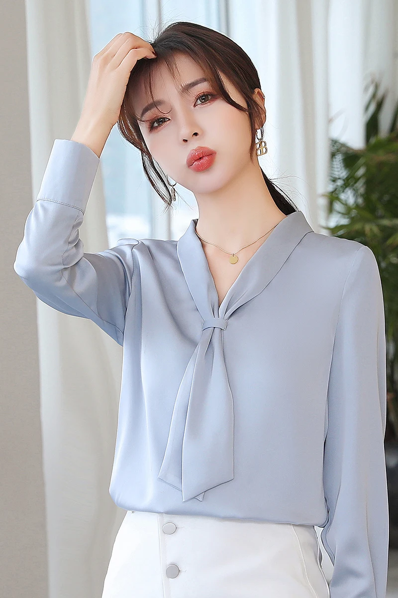 

Houthion Satin Slim Women's Blouses Long Sleeve Top Solid Pullover Spring/autumn New Casual Blouse Fashion