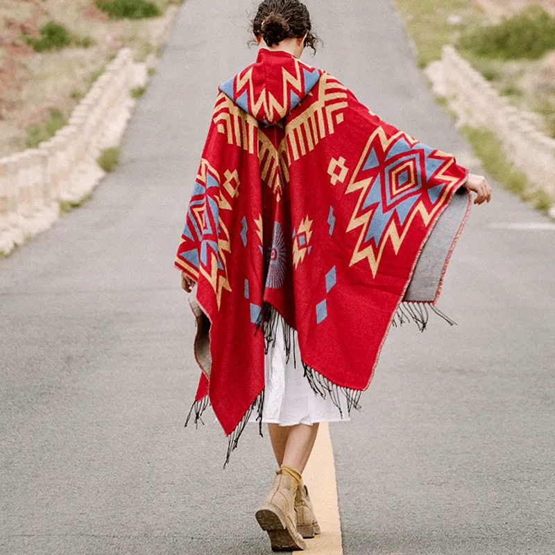 

Women Autumn Winter Hippie Vintage Floral Gypsy Lady Tassel Capes Cardigan Hoodies Long Sleeve Ethnic Red Poncho Cloak
