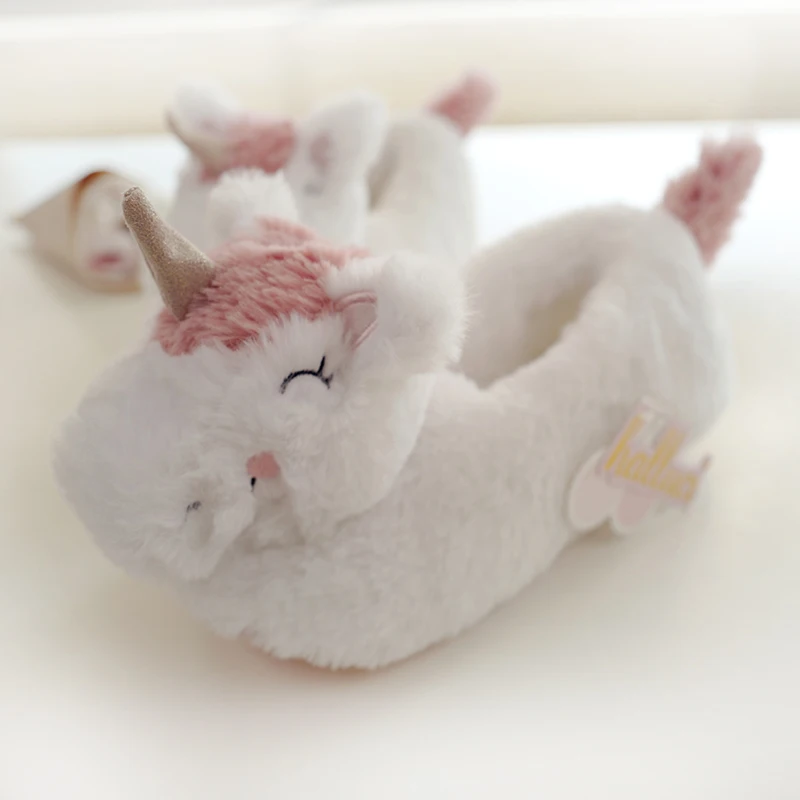 HALLUCI Unicornio/обувь на плоской подошве; женские зимние теплые домашние тапочки; милые плюшевые домашние Нескользящие Хлопковые женские туфли на плоской подошве