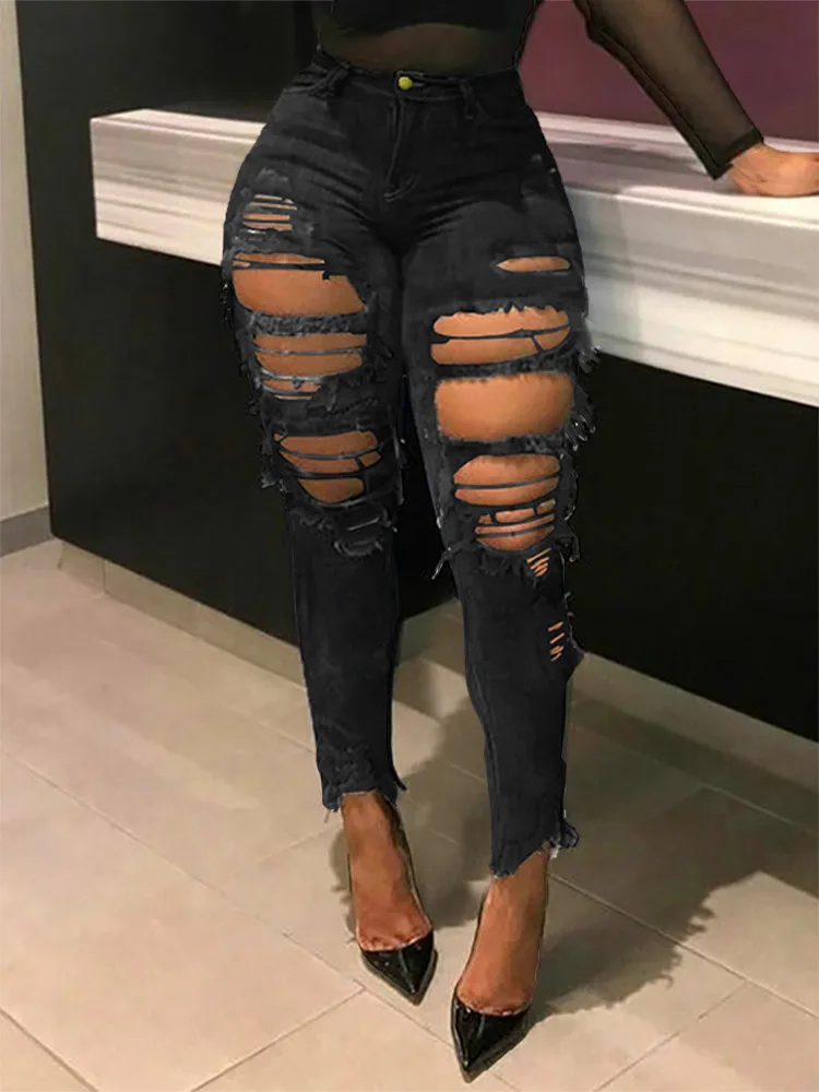 

Hot selling personality trendy ripped women denim pants custom logo print on product and package from 1pc dropship