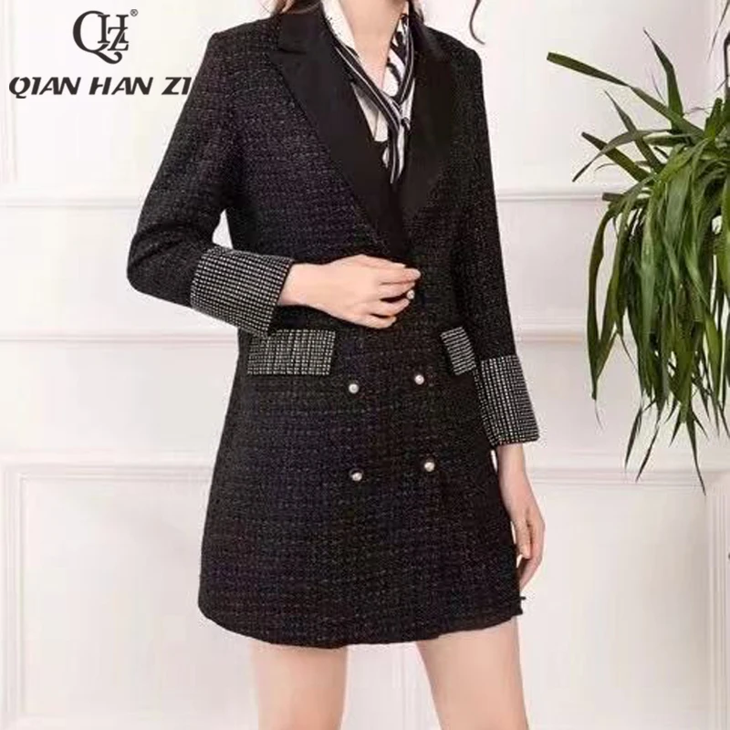 

Qian Han Zi autumn designer fashion winter warm woolen midi coat Women long sleeves vintage Slim Double breasted coat