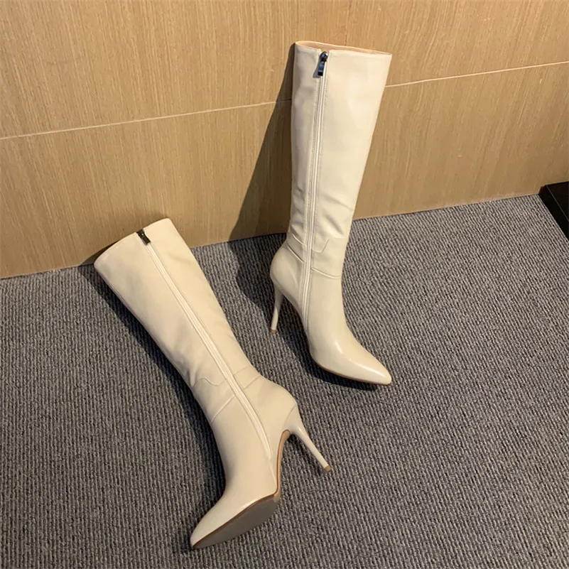 

ANNYMOLI Genuine Leather Extreme High Heel Knee High Boots Women Shoes Pointed Toe Thin Heels Zip Fashion Long Boots Black 43