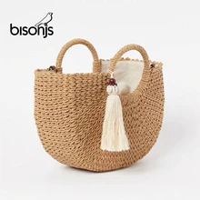 Fashion Womens Straw Hand-woven Messenger Bags Bohemian Shoulder Bag 2021 Summer Tassel Moon Shape Seaside Resort Women Tote Bag