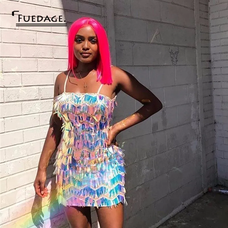 Женское платье с блестками Fuedage вечернее мини-платье на тонких бретельках
