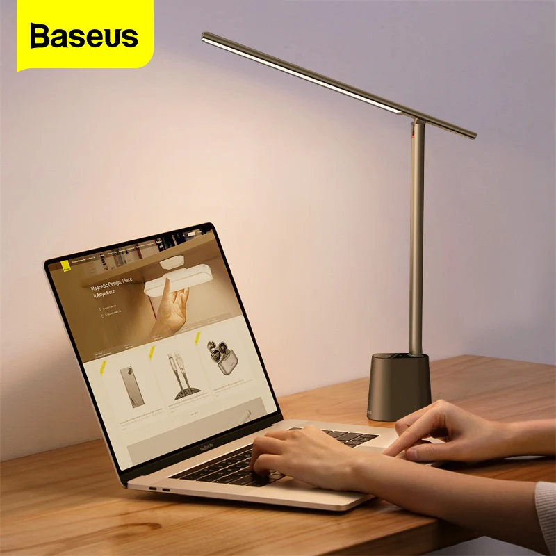 저렴한 Baseus-눈 보호 밝은 LED 테이블 램프, 시력 보호 스마트 책상 램프, 침실, 사무실용, 독서용, 공부 작업, 충전식 야간 조명