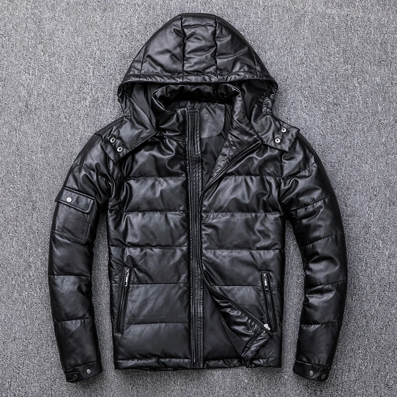 Мужская повседневная кожаная куртка с капюшоном Тонкая зимняя из натуральной
