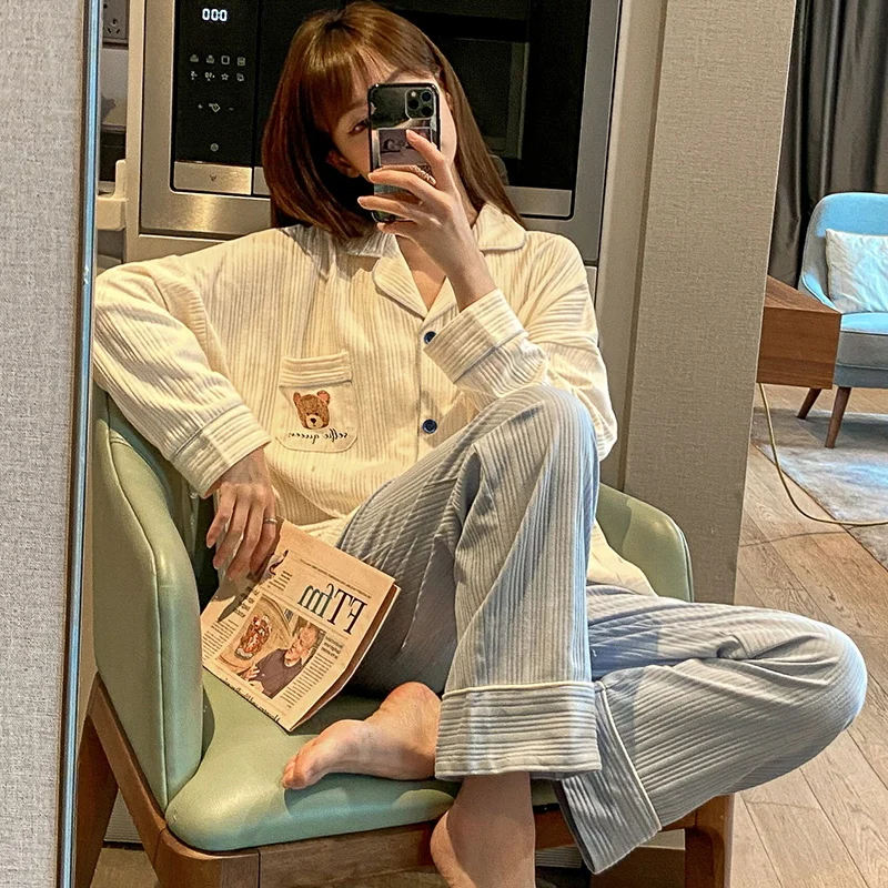 

JRMISSLI Autumn Cotton Homewear Women Cartoon Cardigan Sleepwear Ladies Pijama New Long-Sleeved Trousers Plus Size Pyjamas