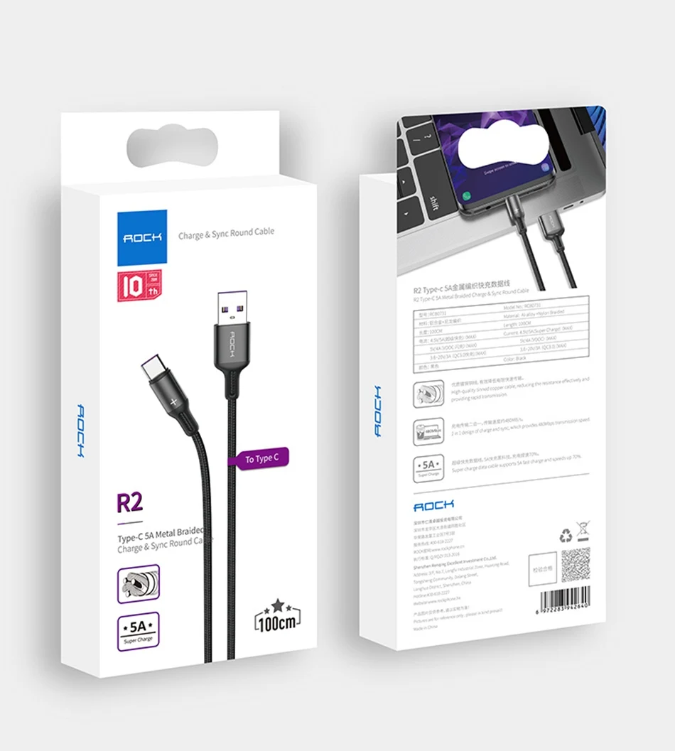 ROCK 2 м 5 м USB C кабель 5A Supercharge type C кабель для huawei p20 lite Быстрая зарядка кабель для samsung S9 8 Note