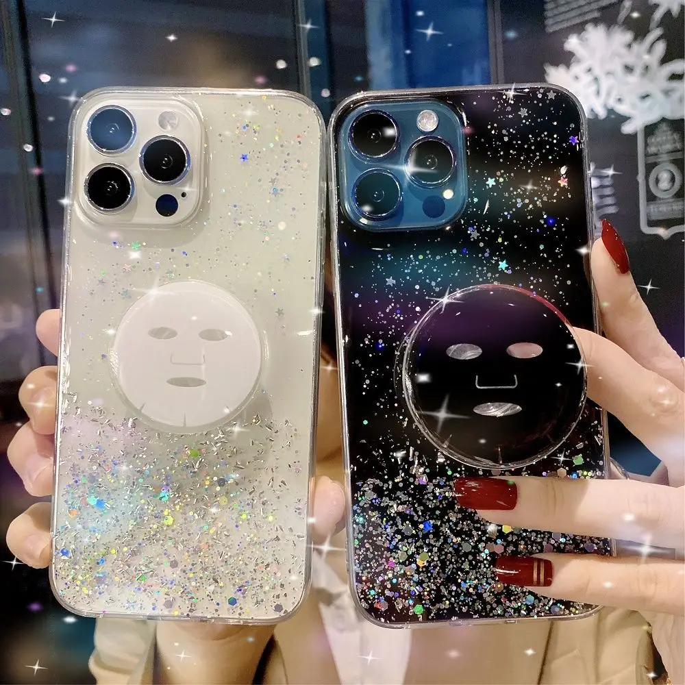 

Ins Mask Holder Transparent Phone Case for IPhone13 12 11promax 7 8 XR XS Fashion Gold Foil Glitter High Quality Cases Cover