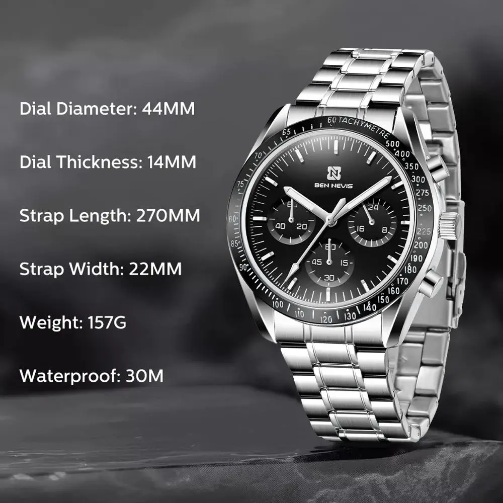 

BEN NEVIS Watch for Men Waterproof Silver Chronos Watch Strap Quartz Luminous Hands Top Brand Luxury Relojes Hombre 2020