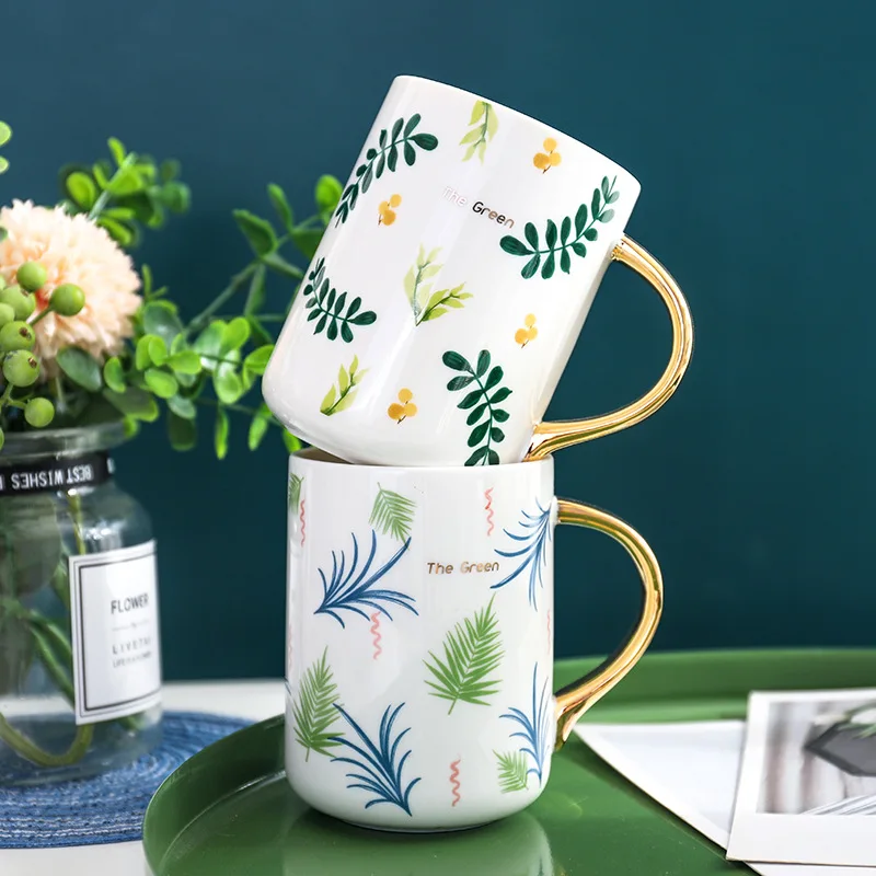 

Nordic Green Eucalyptus Coffee Mug with Glod Handle Plant Breakfast Milk Cup Creative Birthday Gifts 450ml