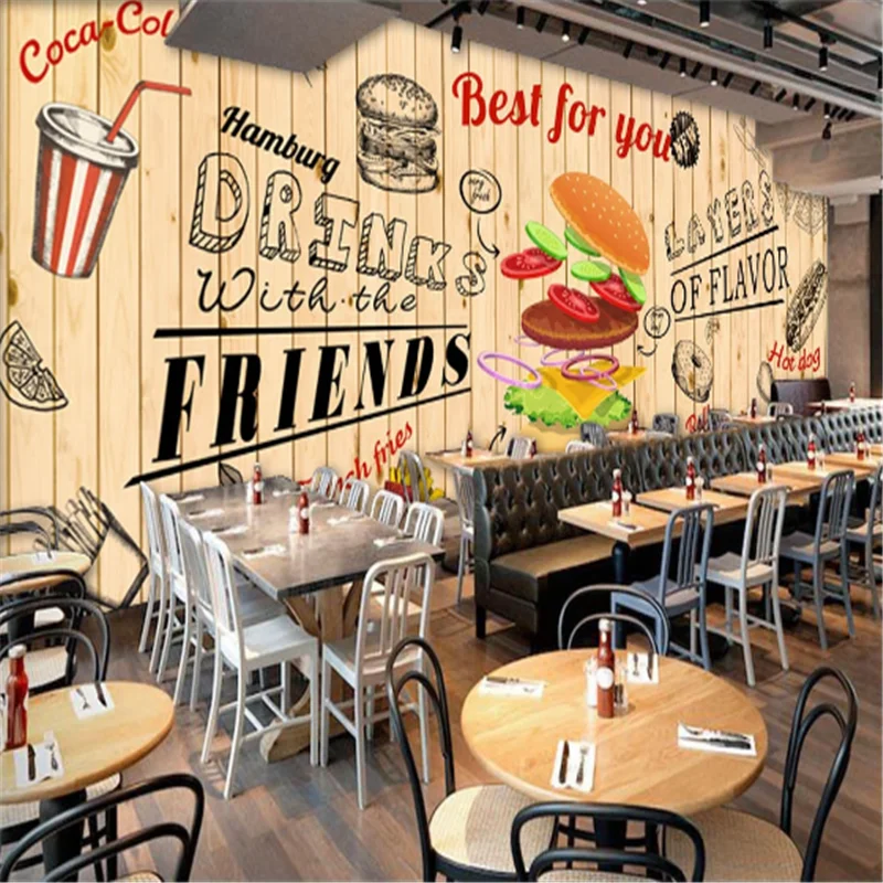 Custom Burgers Western Fast Food Restaurant Background Wall Mural Wallpaper 3D Snack Bar Hamburger French fries Paper |
