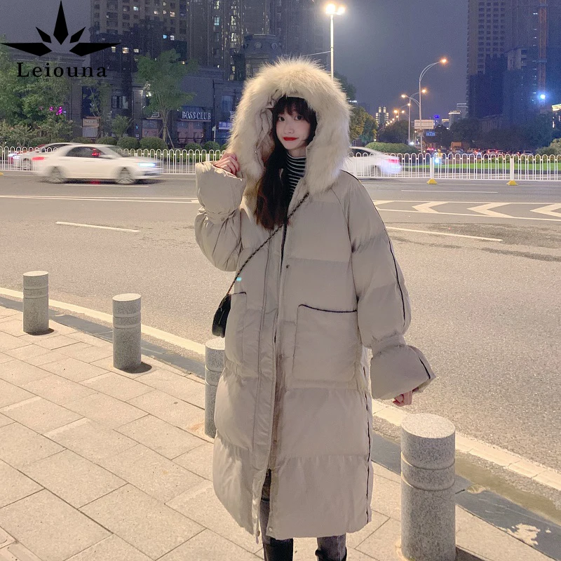 

Leiouna Long Loose Officr Lady Thick A-Line Faux Fur New Fashion Women Winter Korean Student's Knee Length Hand Padded Jackets
