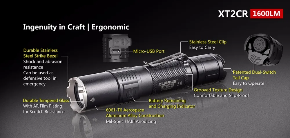 2019 KLARUS XT2CR CREE XHP35 HD E4 светодиодный фонарик 1600 люмен компактный супер-яркий