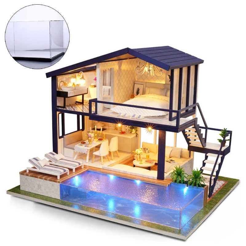 

Dollhouse Miniature with Furniture, DIY Wooden Dollhouse Kit , 1:25 Tiny House Building Kit (Pool Apartment )