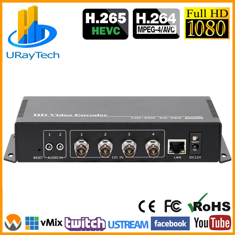 4 канала HEVC H.265 H.264 SD HD 3G SDI в IP видео потоковый кодировщик конвертер с RTMPS HTTP RTSP RTMP UDP