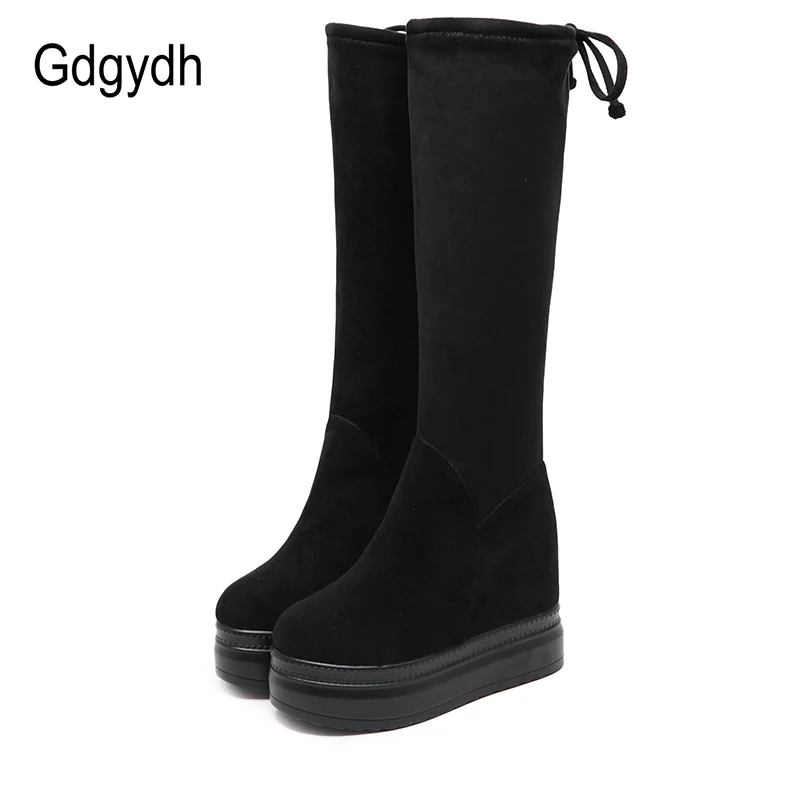 

Gdgydh Winter Knee High Boots For Women Fashion Stretch Wedges Height Increasing Ladies Suede Lace Up Platform Boots Black Retro