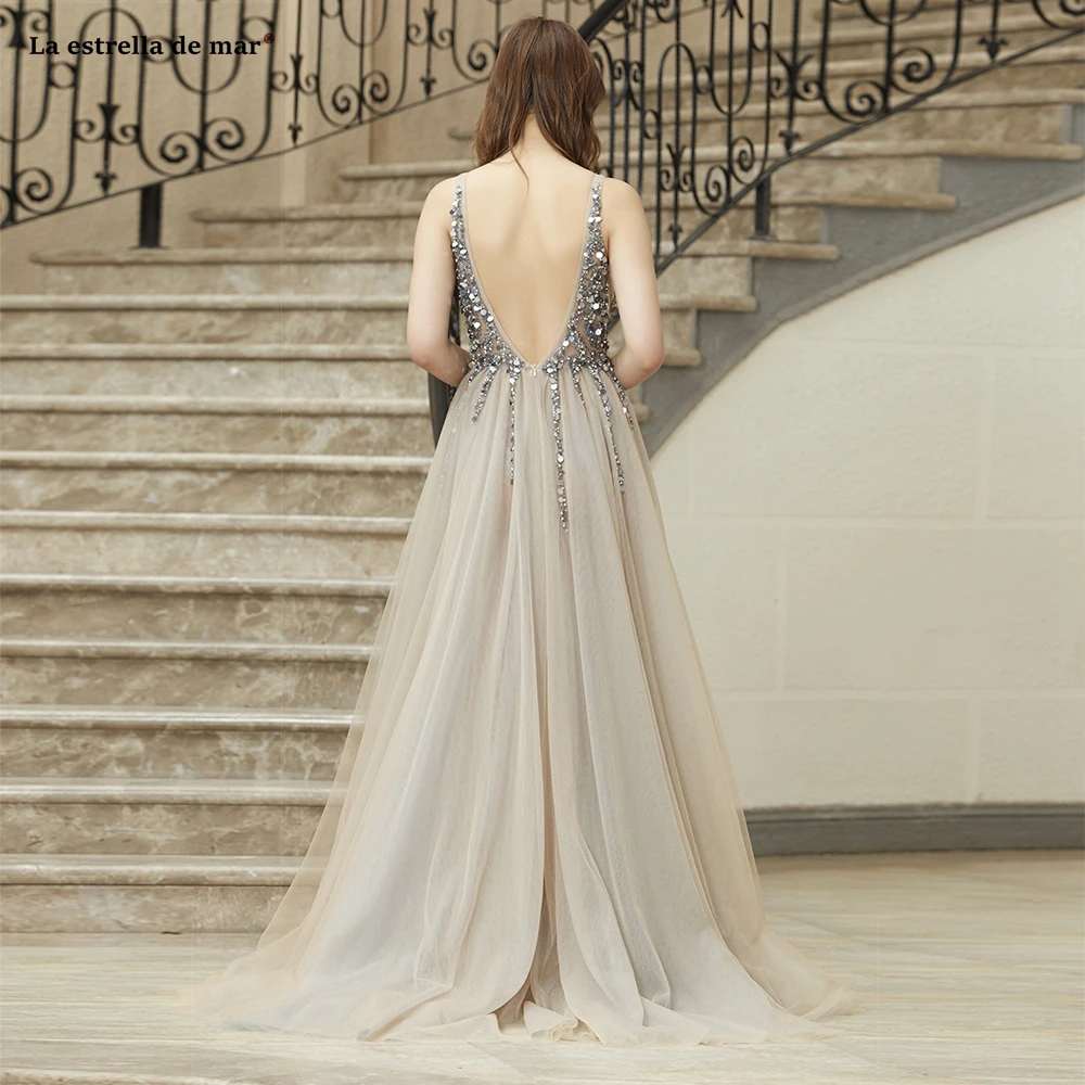 

abendkleider lang new tulle beaded sexy V neck A halter A Line silver gray tulle gown custom cafetan mariage vestido noche