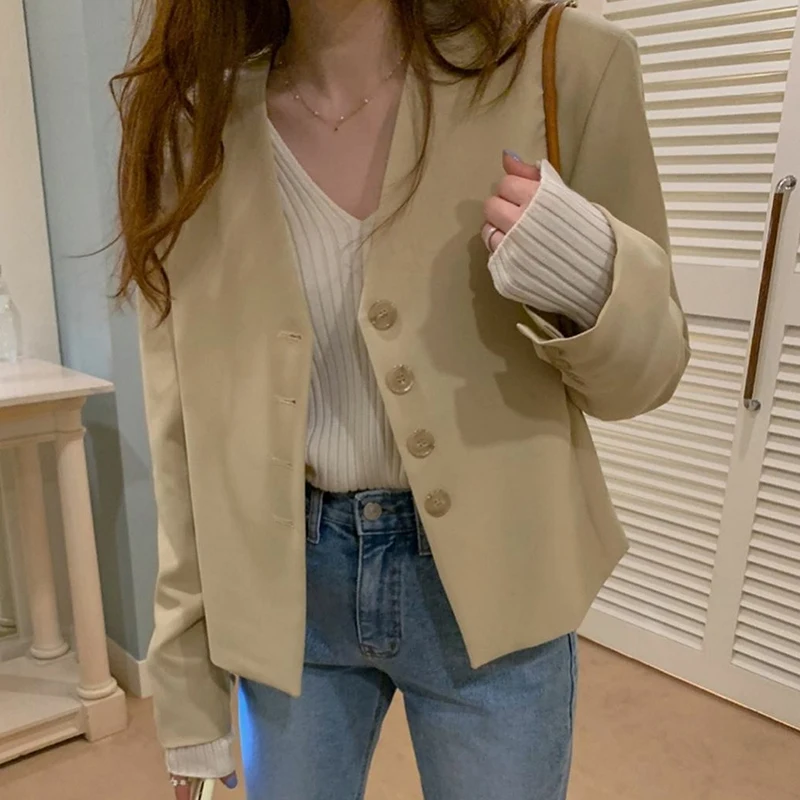 

Vintage Elegant Blazer Coats V Neck Blazer Women Korean Cropped Loose Solid Office Lady Casual Jacket Suit OL Chic