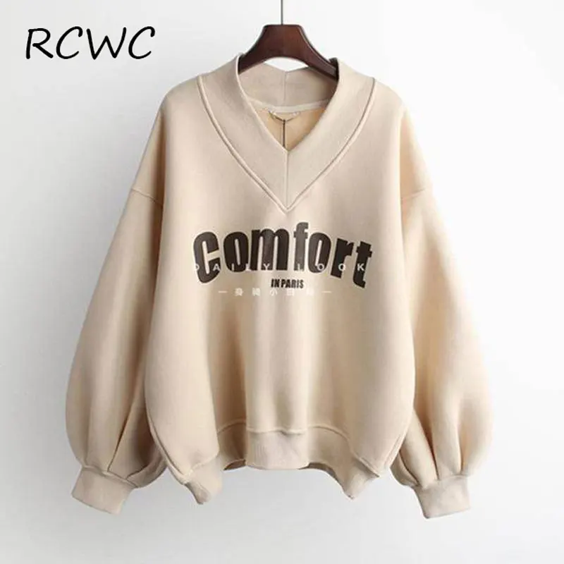 

RCWC Sweatshirt Women Hot Sale Letter Print V-neck Women's Autumn Winter Simple and Generous Plus Velvet Thick Loose Lazy Top