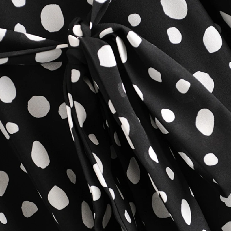 

Summer Dresses 2021 Women Vintage Dot Print Wrap Sweet Black Lady Long Sleeve Sashes New Cross V Neck Slim A-Line Chiffon NZ0188