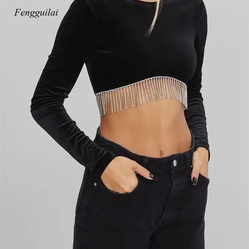 

2021 Omen Clothing Sexy Front Beaded Tassel Decoration Dew Back Femme T-Shirts Lady Long Sleeve Short Tops