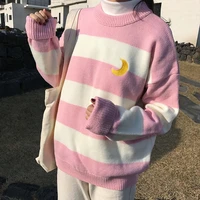 womens sweaters kawaii cute lovely college candy color stripes moon sets embroidery sweater female harajuku clothing for women