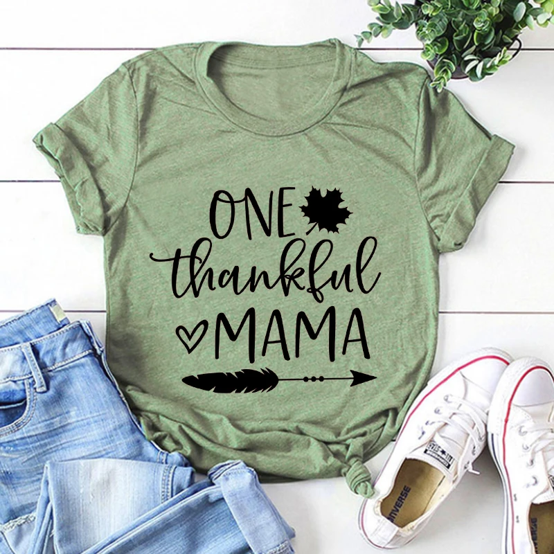 

One Thankful Mama Shirt Mom Thanksgiving Tee Give Thanks Funny Turkey Tshirt 2021 Fall Shirt Thankful Kawaii Clothes XXL