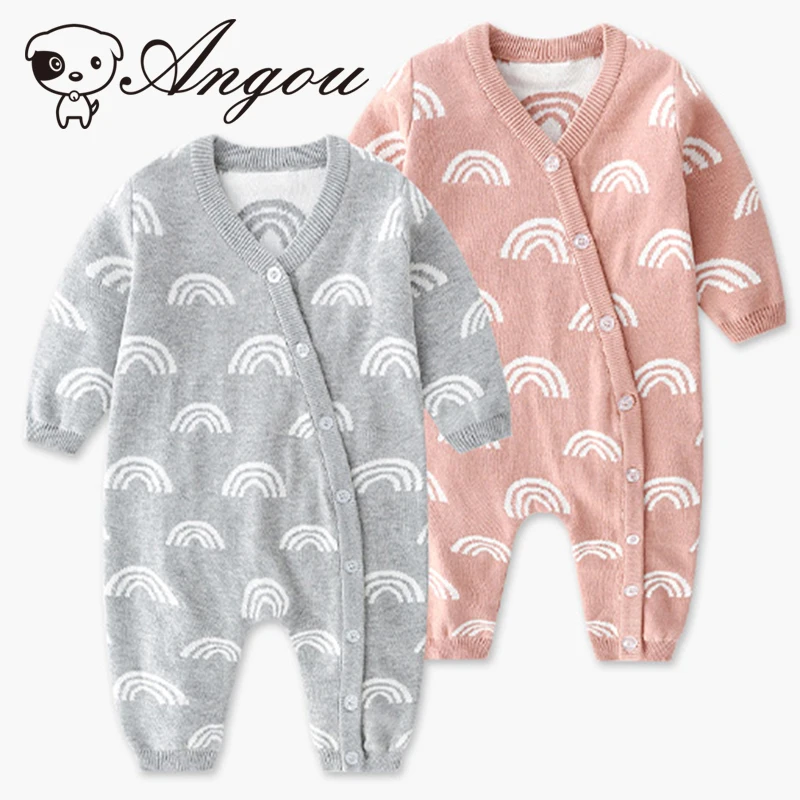 

Angou Lovely Autumn Winter New Rainbow Knitted Romper Newborn Baby Girl Boy Clothes 2021 Baby Jumpsuit Toddler Baby Clothing