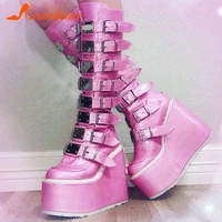 brand design ladies platform knee high boots fashion punk metal wedges high heels womens boots party gothic cosplay shoes woman