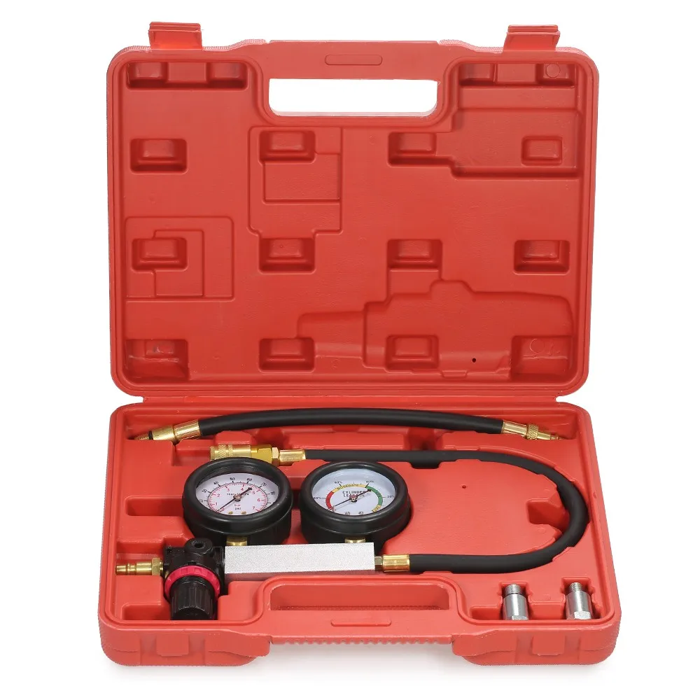 

Auto Cylinder Leak Tester Compression Leakage Detector Kit Set Petrol Engine Gauge Tool Kit Double Gauge System with Case