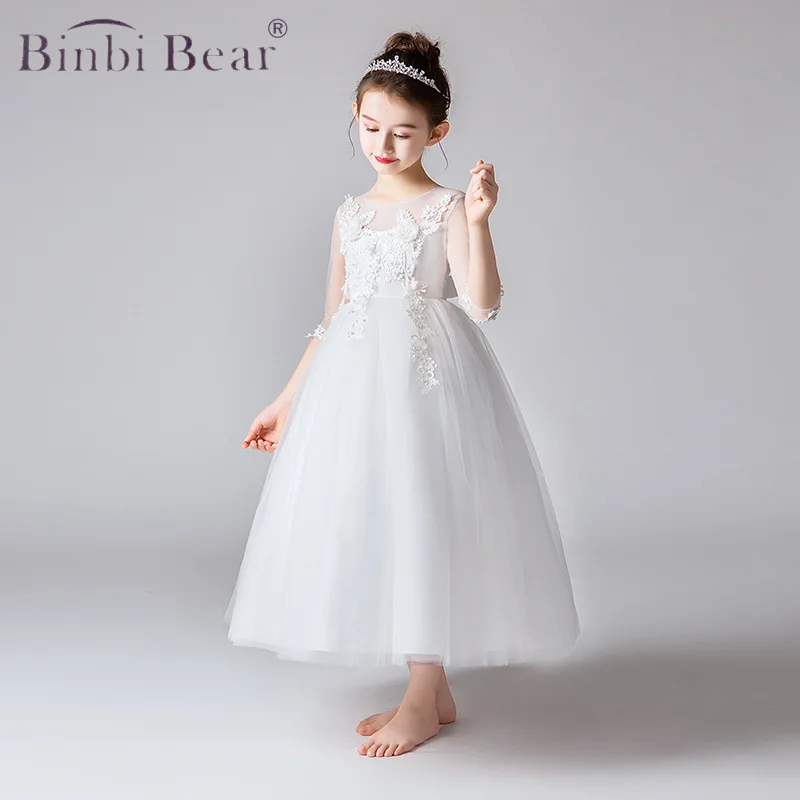 

Summer Girls Lace Christmas Dress Elegant Kids Clothes Long Princess Party Children Half-Sleeve Flower Birthday Costume Dresses