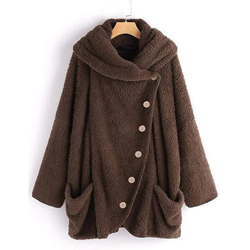 

Autumn Women Tops 2021 Soft Double Side Fluffy Buttons Turn-Down Collar Long Sleeve Coat Two Pockets Warm Vintage Ladies Top