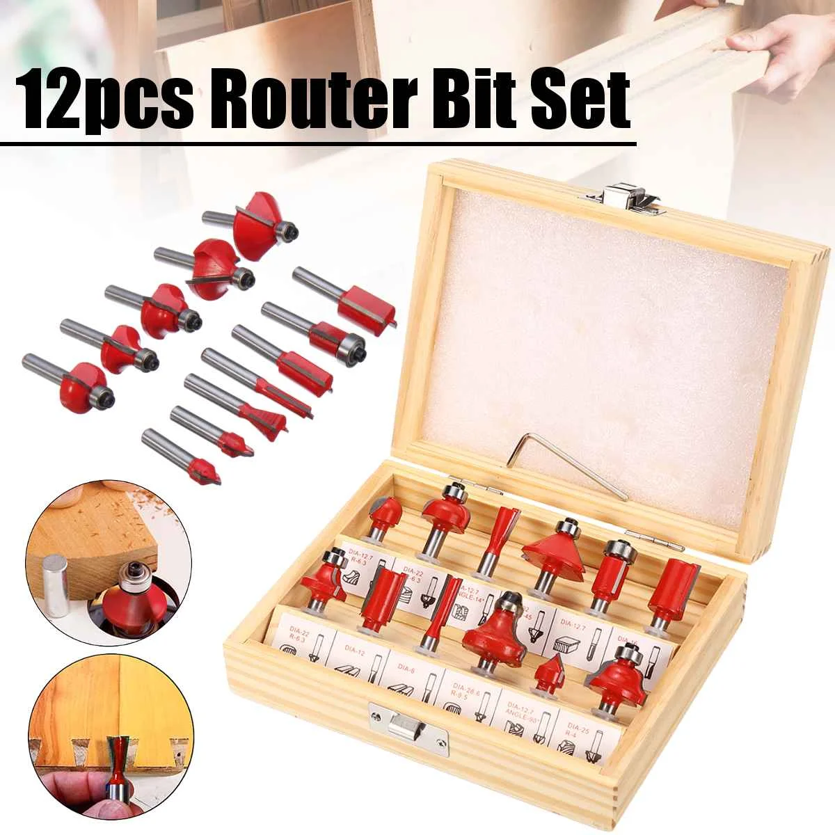

12pcs/set Woodworking Milling Cutters 4''/8mm Shank Carbide Router Bit For Wood Cutter Engraving Cutting Tools+Wooden Case