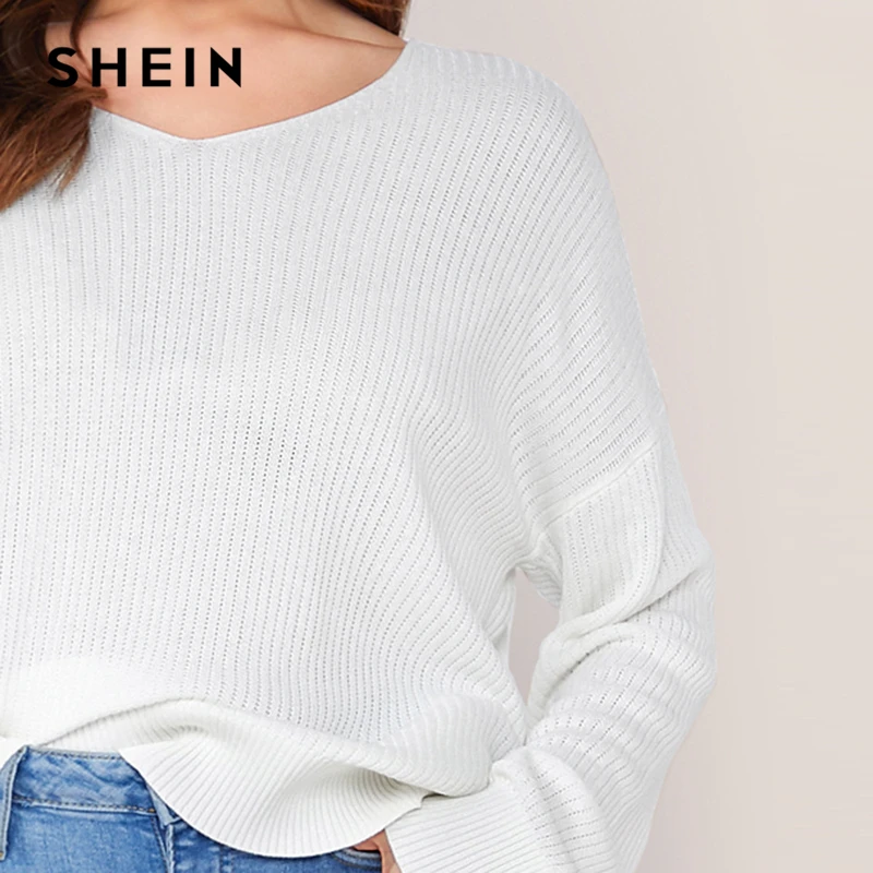 SHEIN белый Однотонный свитер с v-образным вырезом и открытыми плечами женские топы осенние Повседневные базовые офисные женксие кофты с длинными рукавами