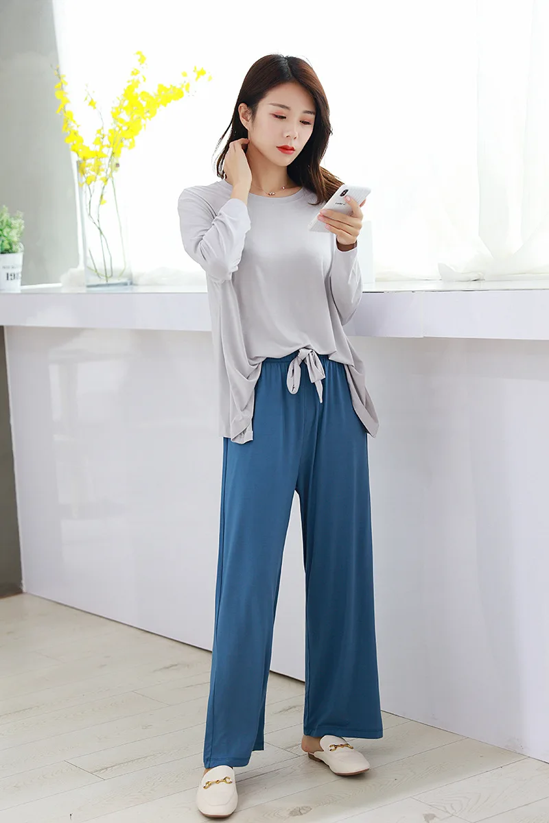 

Fall Contrast Color Homewear Women Plus Size Modal Pajamas Lace-up Pants Long Sleeve Trend Multi-color Optional Pijamas De Mujer