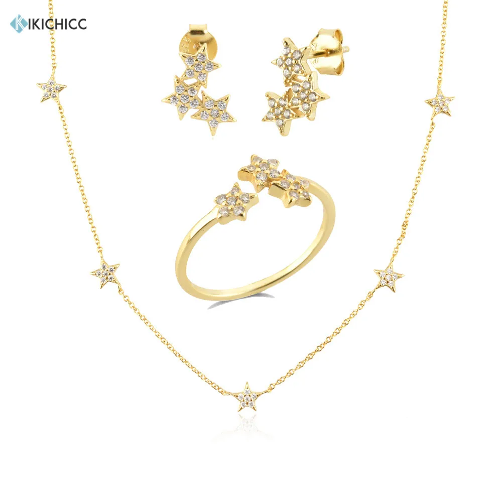

KIKICHICC 925 Sterling Silver Gold Starry Sky Spakle Star Stud Earring Ring Bracelet Necklace Choker Chain Jewelry Set Wedding