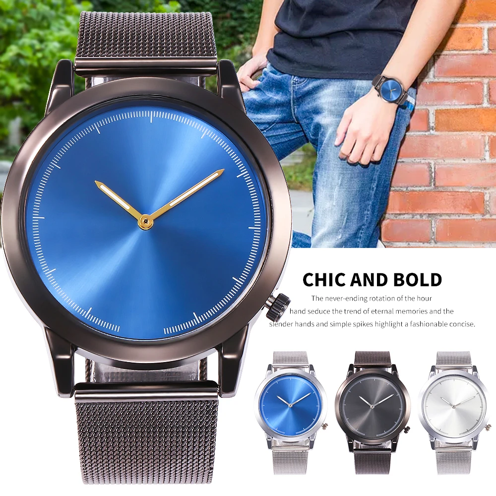 

Blue dial minimalist ultra-thin business men's watch white mesh with pin buckle quartz classic casual gentleman round alloy