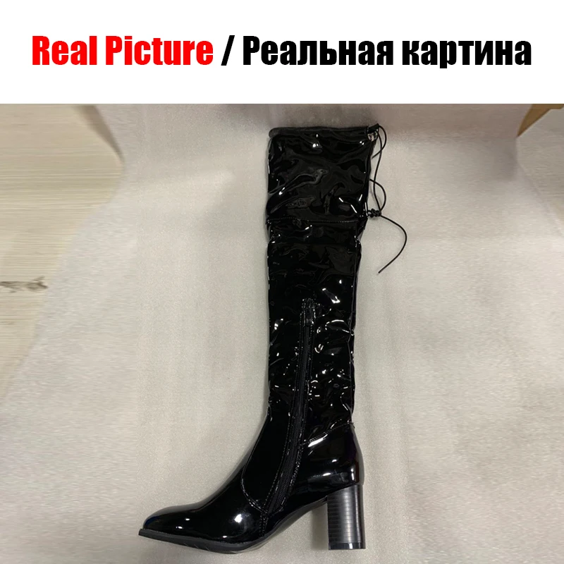 ALLENLYNN/женские модные вечерние сапоги до колена из лакированной искусственной кожи размера плюс 33-48 пикантные сапоги до колена г. Женская обувь на высоком каблуке