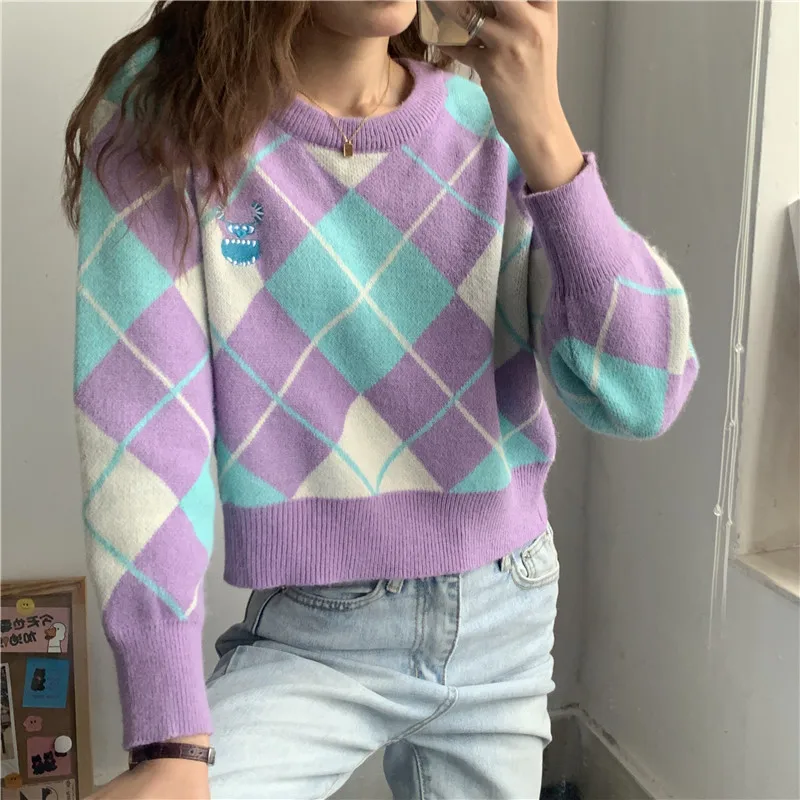 

Кроп-топ оверсайз, свитер, пальто, трикотажная ткань, свитер с узором ромбиками в Корейском стиле, индийская эстетика, трикотажная одежда, же...