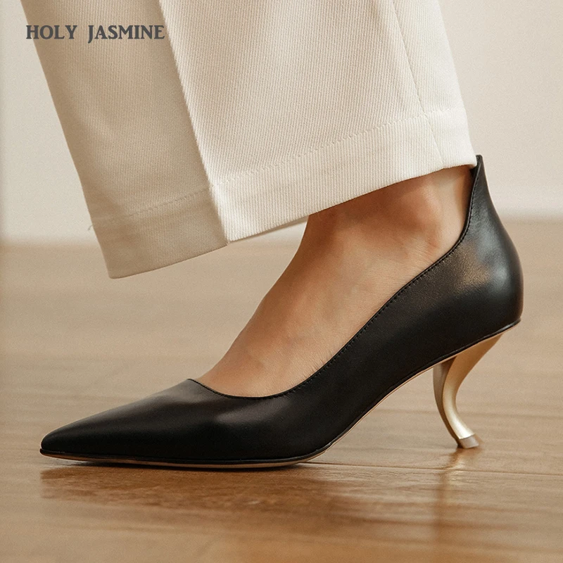 

2021 Spring New Fashion Woman Pointed Toe Cat Heels Pumps Genuine Leather Women Shoes V Shape Slip on High Heels Soft Lazy Shoes